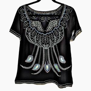 Mushka By Sienna Rose Sz M Embroidered Black‎ Loose Fit Boho Festival Top Blouse